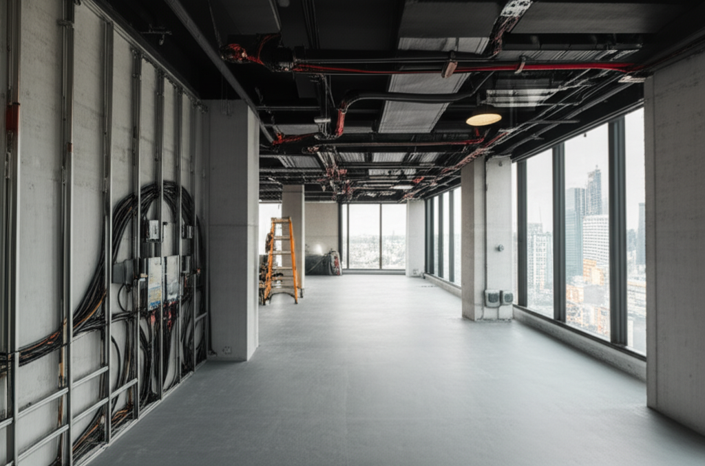 Sydney CBD Office Tower - Complete electrical fit-out for 25-story commercial building including emergency systems, data infrastructure, and energy-efficient LED lighting throughout.